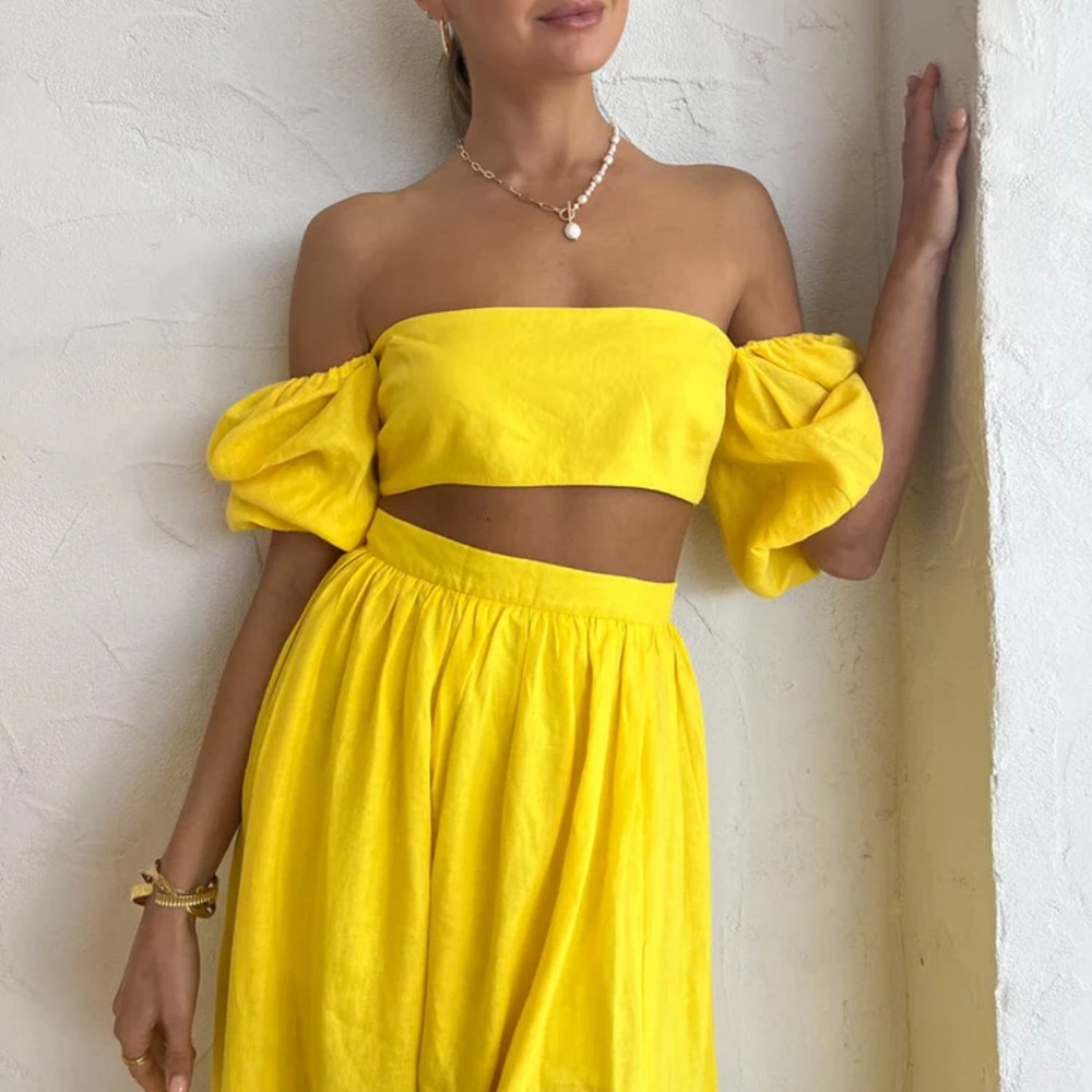 Rumer NWT Revolve yellow puff sleeve crop linen tank top blouse shirt XXS 00 0